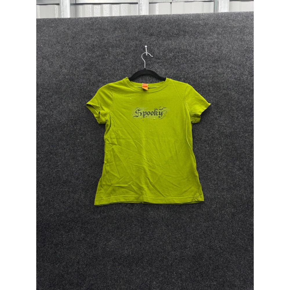 Spooky Halloween Graphic Tee Lime Green Gothic Script Bats Stars Small